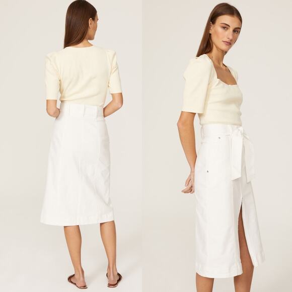 THAKOON COLLECTIVE White Denim Midi Skirt Belted Coquette Trendy Brunch A-Line - Picture 2 of 13